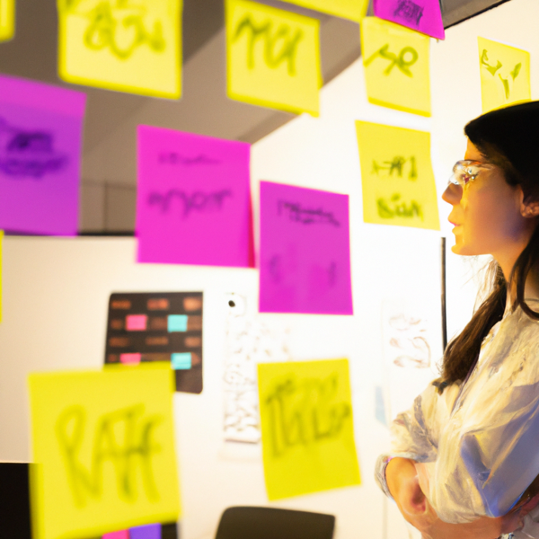 A woman standing in a room lit by bright fluorescent lights surrounded by whiteboards and sticky notes filled with ideas sketching out concepts and plans 5728491