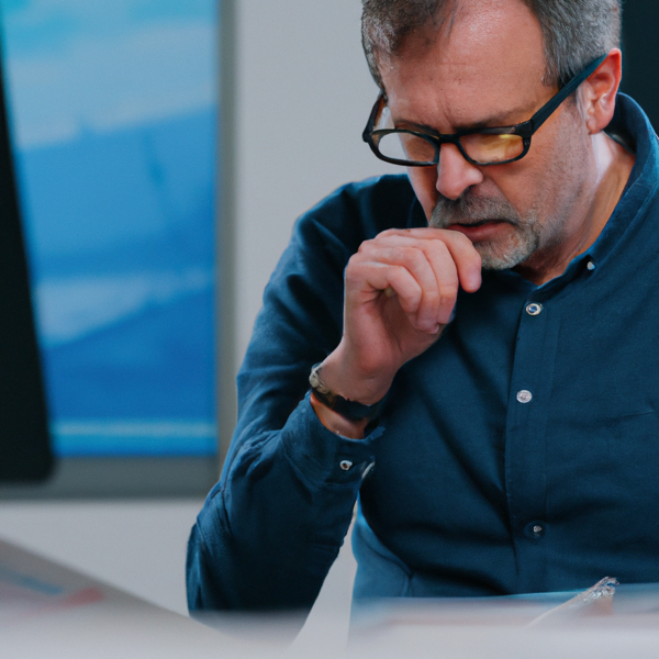 A man with glasses performing an audit with careful attention to detail with an office background cinematic 8K high definition photograph